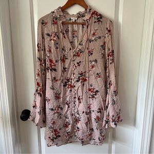 En Creme Dusty Pink Floral Ruffle V-Neck Tunic